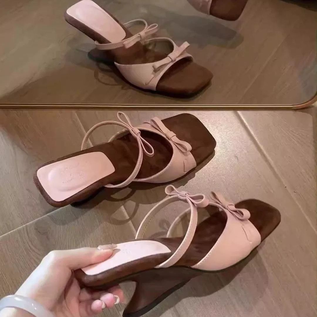 一字带坡跟凉鞋女2025夏季新款女鞋复古蝴蝶结配裙子外穿高跟拖鞋