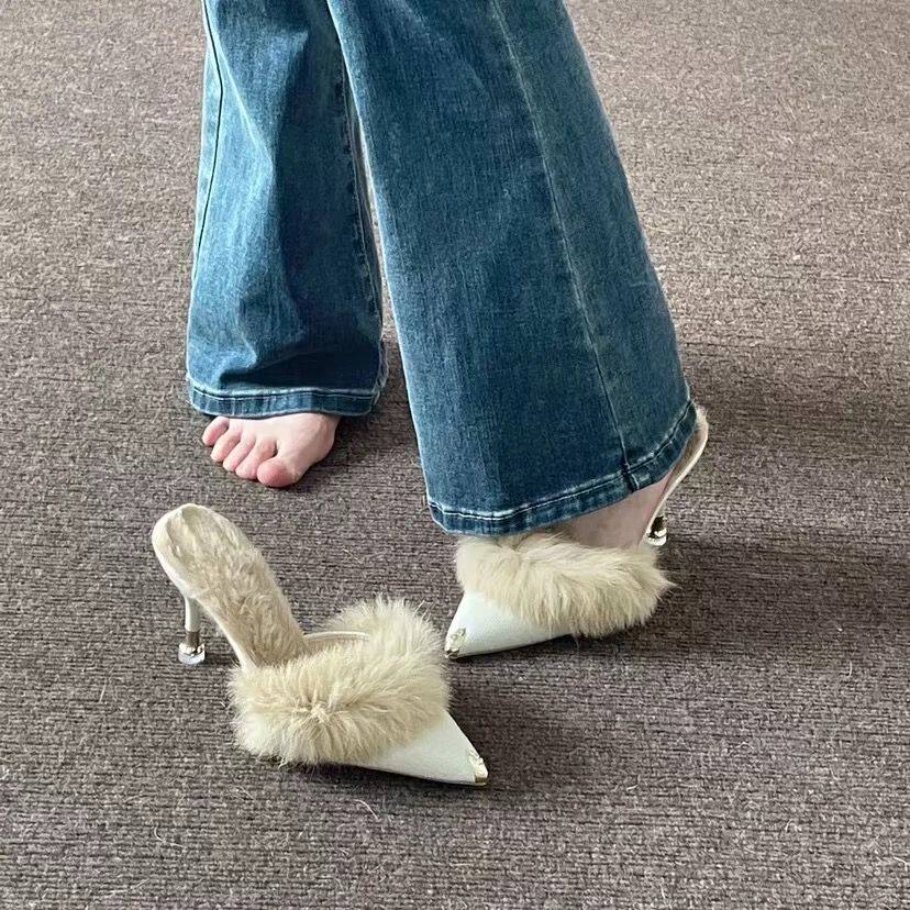 2024年秋冬季新款包头半拖鞋外穿尖头细跟高跟鞋小跟穆勒毛毛拖鞋,女鞋,包头拖,淘宝优惠券,粉丝福利购,淘宝优惠卷