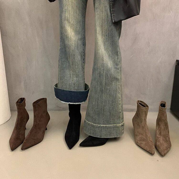 韩版百搭尖头短靴高跟靴女秋冬季法式复古瘦瘦裸靴弹力靴短靴女靴