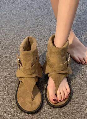 韩系皮带扣平底罗马凉鞋女2025夏季新款配裙子夹趾短筒凉靴西部靴