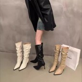 尖头白色高跟西部长筒靴女靴子2024新款 春夏显瘦堆堆骑士春秋长靴