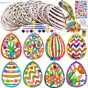Wooden Easter eggs Hand painted Egg Pendants with Artificial