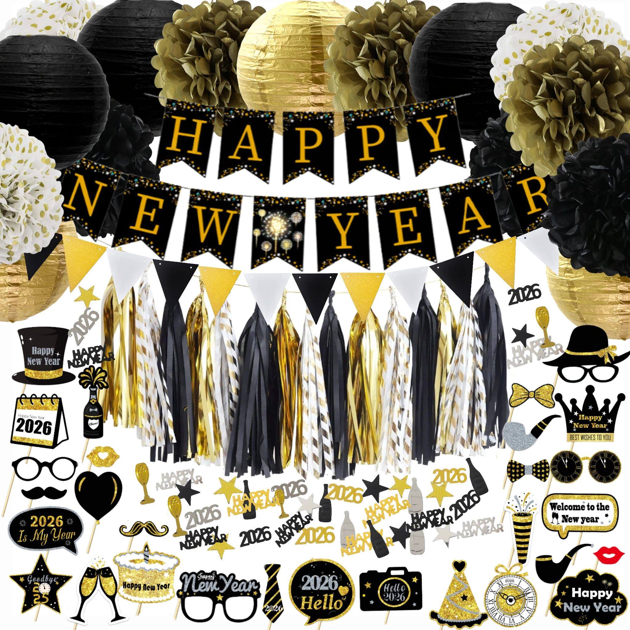 62Pcs Golden 2026 New Year Party Plastic Balloon Happy New Y