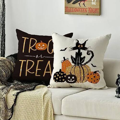 Linen Square Pillow Cover Pumpkin Cat Happy Halloween Trick