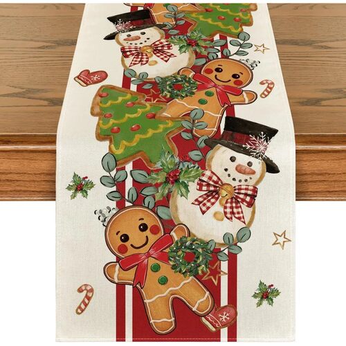 Christmas Gingerbread Snowman Xmas Tree Linen Table Runner P