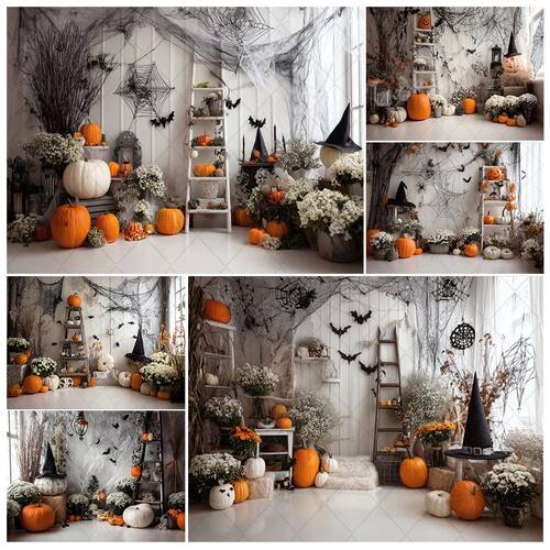 White Halloween Backdrop Horror Halloween Eve Pumpkin Bat Gh