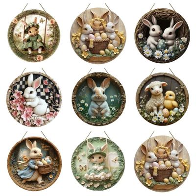 2D Retro Circular Wooden Logo with Easter Bunny Theme, Suita