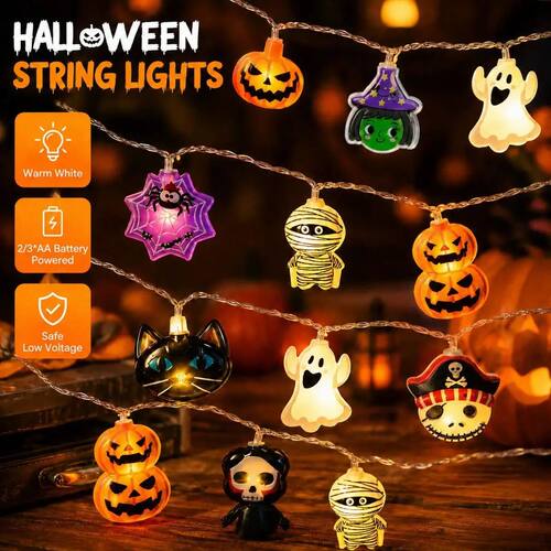 1PC Halloween LED String Lights 10/20 LED Ghost Pumpkin Spid