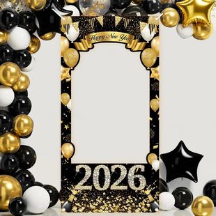 Black Gold New Year 2026 Photo Booth Frame Banner Happy New