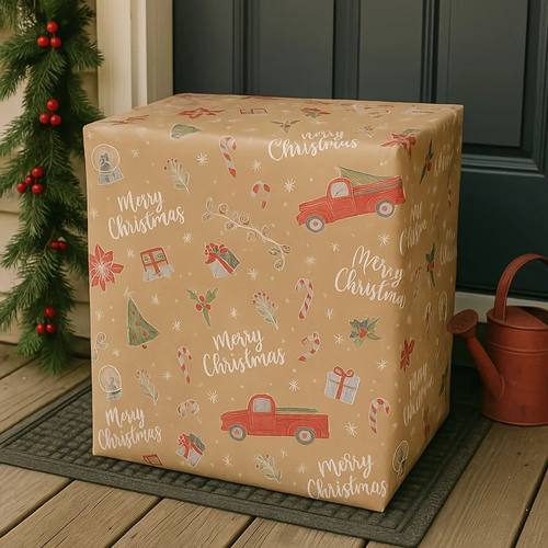1 Roll Christmas Wrapping Paper Roll - Double-Sided Kraft &
