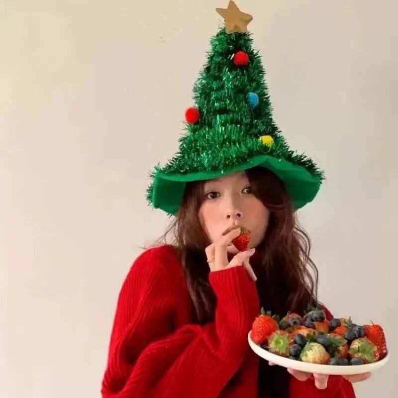 1pc Christmas Tree Shape Hat Red/Green/Silvery Adults Kids F