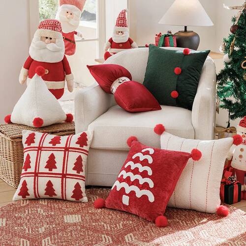 Christmas Red Throw Pillow Cover Cojines Solid Color Pompom