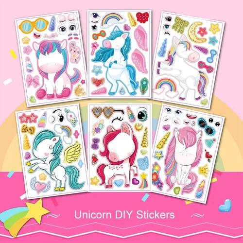 6/12Sheets Cartoon Unicorn Make A Face Assemble DIY Sticker