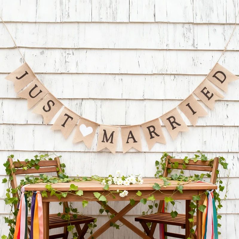 Just Married Burlap Banner Bunting Garland Rustic Barn Count