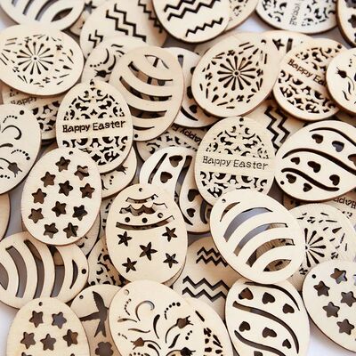 25/50Pcs Easter Eggs Wooden DIY Craft Hanging Ornaments Holl