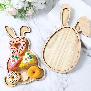Easter Bunny Egg Wooden Tray Food Plate Fruit Serving Bread