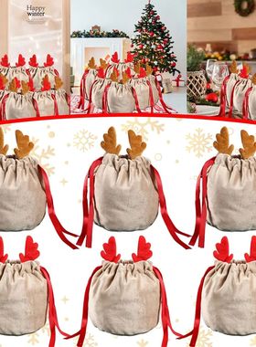 5/10 Christmas Reindeer Drawstring Gift Bag, Reusable Velvet