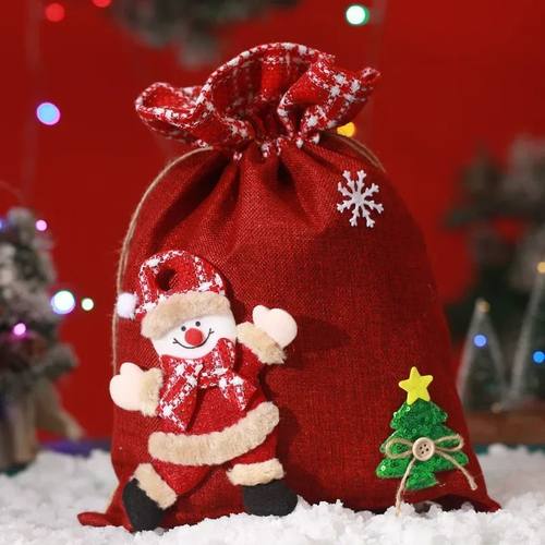 Christmas Present Bags Drawstring Treat Bags Cute Santa Snow