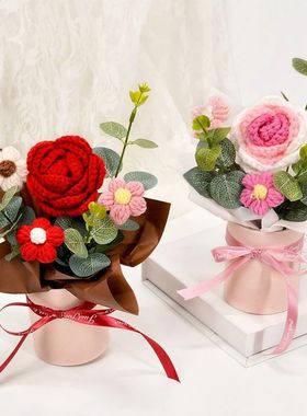 Knitted Flower Bouquet Crochet Rose Flowers Hugging Bucket V