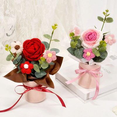 Knitted Flower Bouquet Crochet Rose Flowers Hugging Bucket V