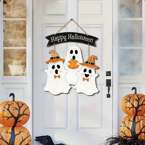 Halloween Wooden Hanging Sign | Festive Decor with Ghosts in