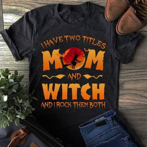 Halloween Mom Witch Black Cat Print T Shirt Women Short Slee