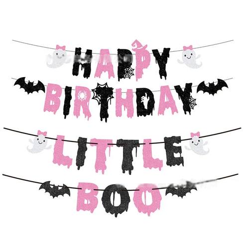 Pink Happy Birthday Little Boo Banner for Halloween Girl Bab