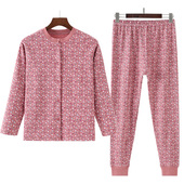 长袖 中老年女纯棉开衫 妈妈加肥大码 套装 系扣对襟保暖内衣 秋衣秋裤