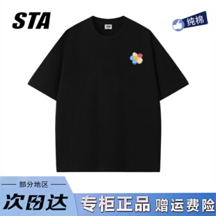 STA旗舰店美式 男女潮牌高街重磅纯棉宽松黑色t恤 简约设计感短袖