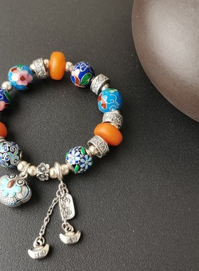 梦觉银S925银珐琅彩蜜蜡元宝流苏手串37克左右