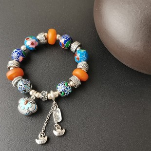 梦觉银S925银珐琅彩蜜蜡元宝流苏手串37克左右