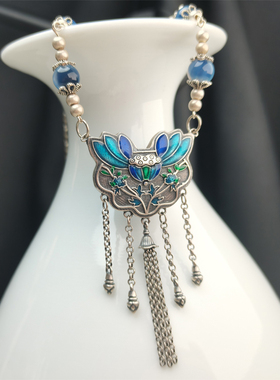 蝴蝶吊坠毛衣链S925纯银女海蓝宝