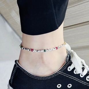 925纯银 碧玺碎银橄榄脚链春夏清新配色可爱少女感