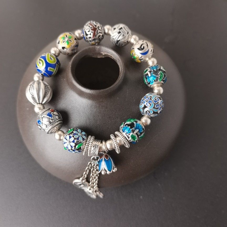 S925纯银珐琅手链珐琅彩花球流苏五帝钱原创复古民族风女手串,饰品/流行首饰/时尚饰品新,手链,淘宝优惠券,粉丝福利购,淘宝优惠卷