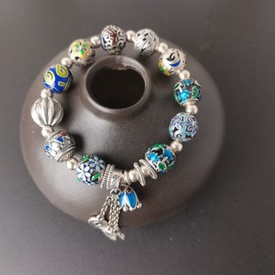 S925纯银珐琅手链珐琅彩花球流苏五帝钱原创复古民族风女手串