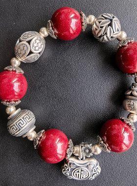 朱砂68克手链S925纯银复古民族做旧女生原创设计手串女友礼物