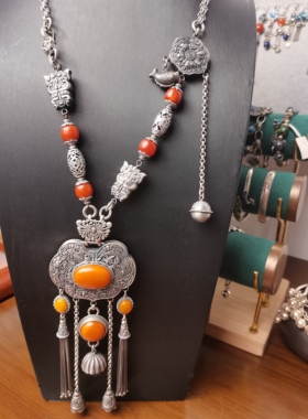 国风老银纯手工2025年新款民族风重工蜜蜡项链毛衣链