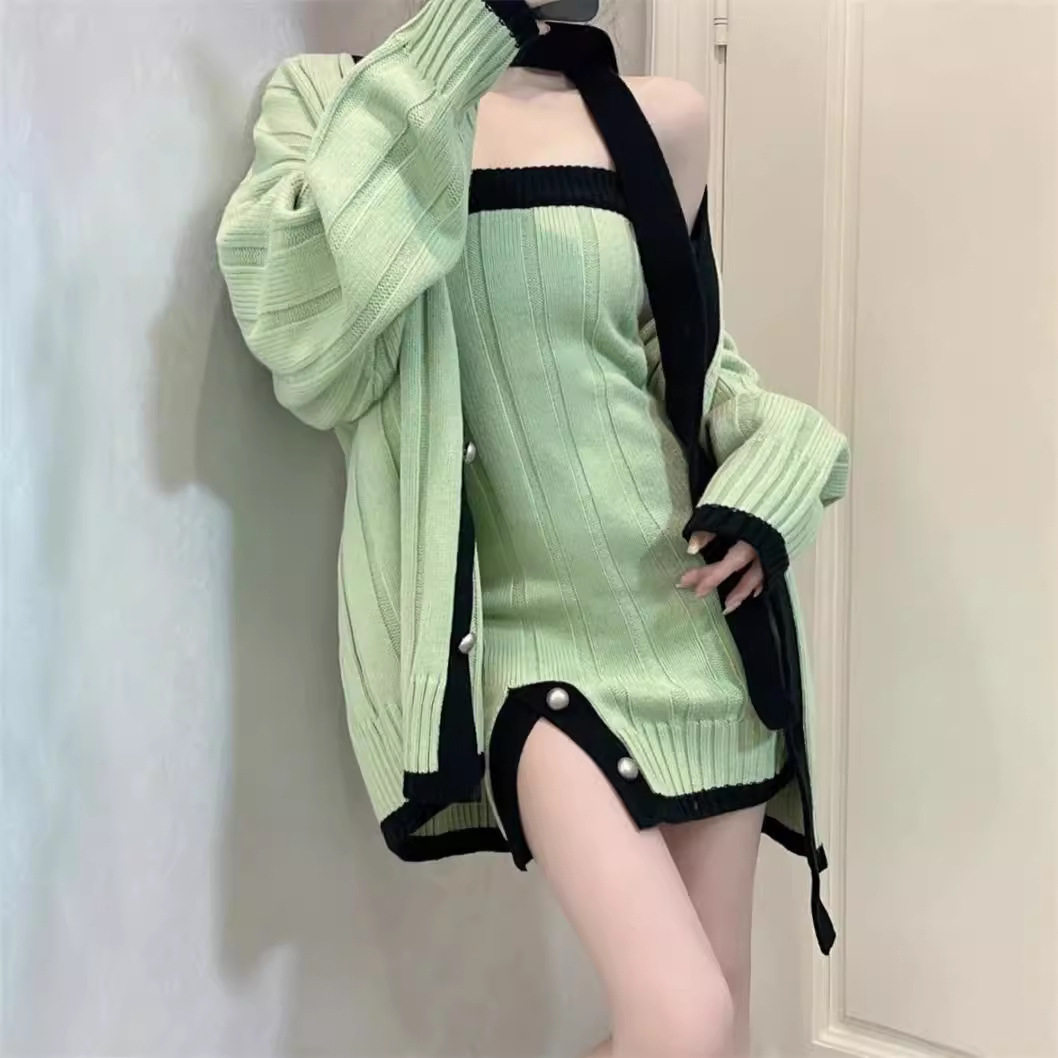 2026年秋季套装女毛衣显瘦绿色针织开衫连衣裙小个子甜辣气质通勤