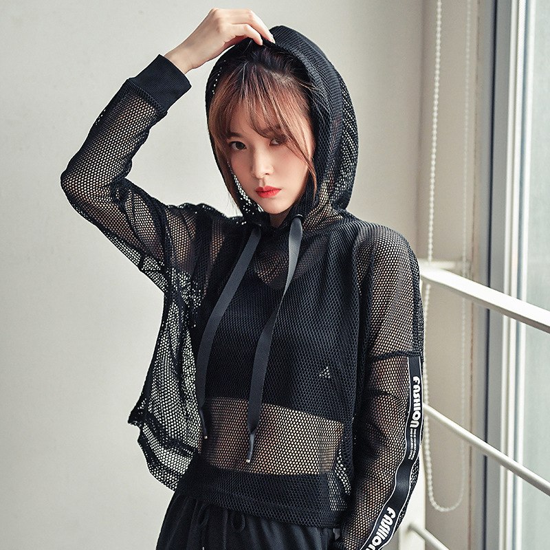 秋季运动t恤女长袖镂空健身房