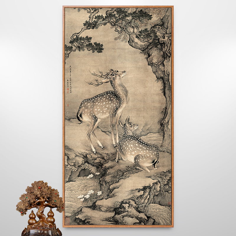沈铨受天百禄图发财鹿挂画新中式玄关装饰画招财鹿壁画梅花鹿画