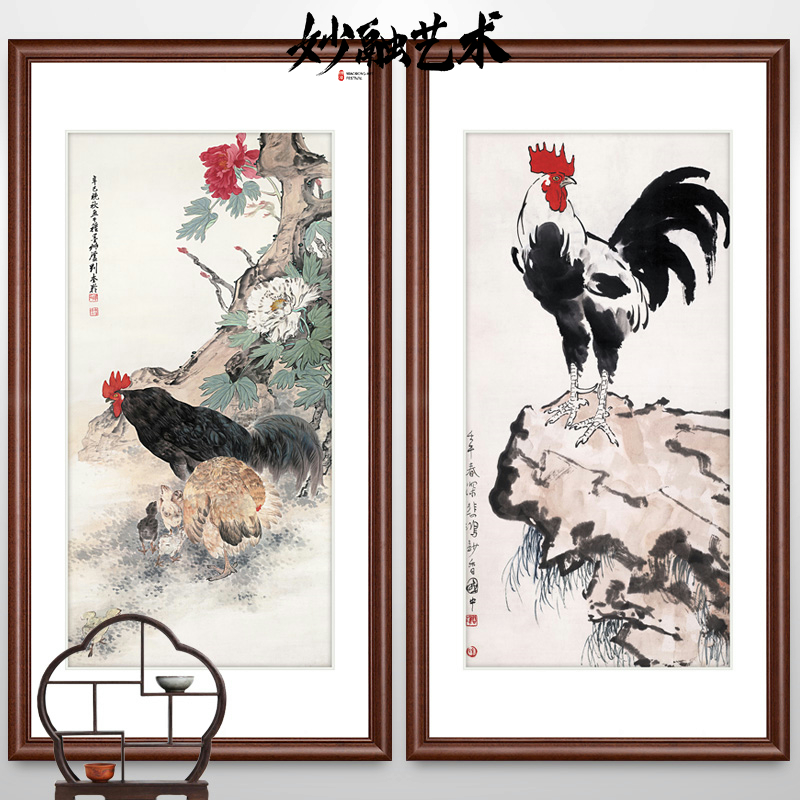 雄鸡图公鸡报晓壁画中式入户玄关装饰画走廊过道竖版挂画风水壁画图片