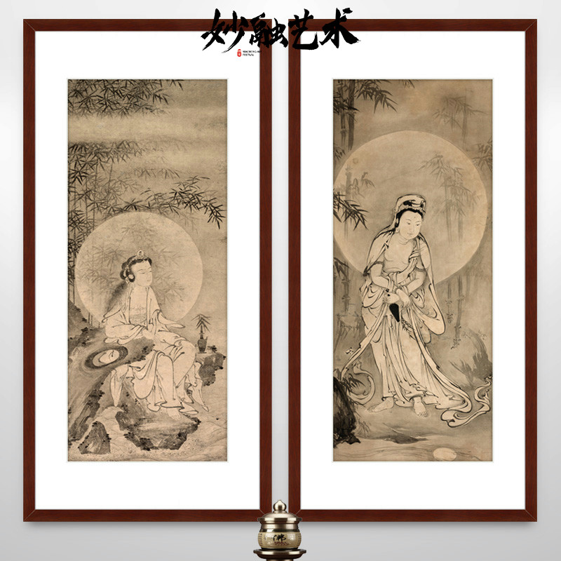 水月观音挂画观世音菩萨画像佛像茶室装饰画佛堂仿古壁画禅意古画