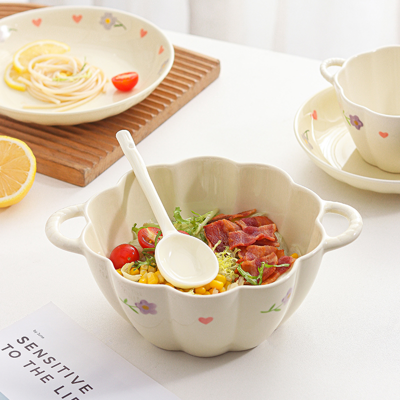 奶油风碗盘套装家用2024新款陶瓷双耳汤面碗2人情侣碗碟1人食餐具