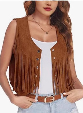 Women's retro short tassel casual vest女复古短款流苏休闲马甲