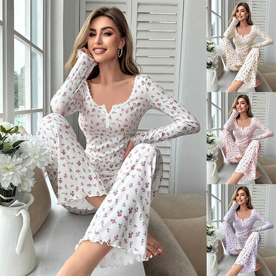 外贸碎花长袖长裤家居服睡衣套装女 homewear pajamas set women