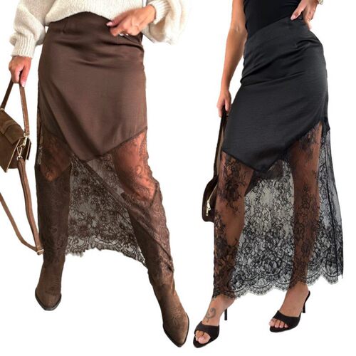 Stain lace skirt 欧美新款时尚缎面蕾丝拼接性感透视高腰半身裙