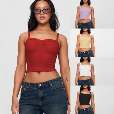 black tank top tanktop women 背心压褶短款露脐Y2K百搭吊带背心