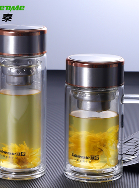 雄泰玻璃杯双层男女用随手环保办公车载把手旅游旅行茶漏水杯子