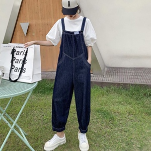 牛仔背带裤薄款休闲萝卜裤2023夏季时尚洋气宽松灯笼袖短袖套装女