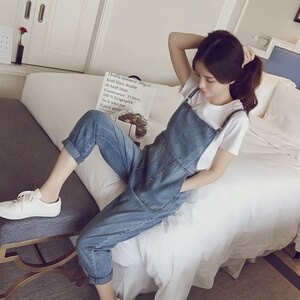 小个子牛仔背带裤套装女2023夏季新款韩版宽松百搭减龄吊带裤子潮